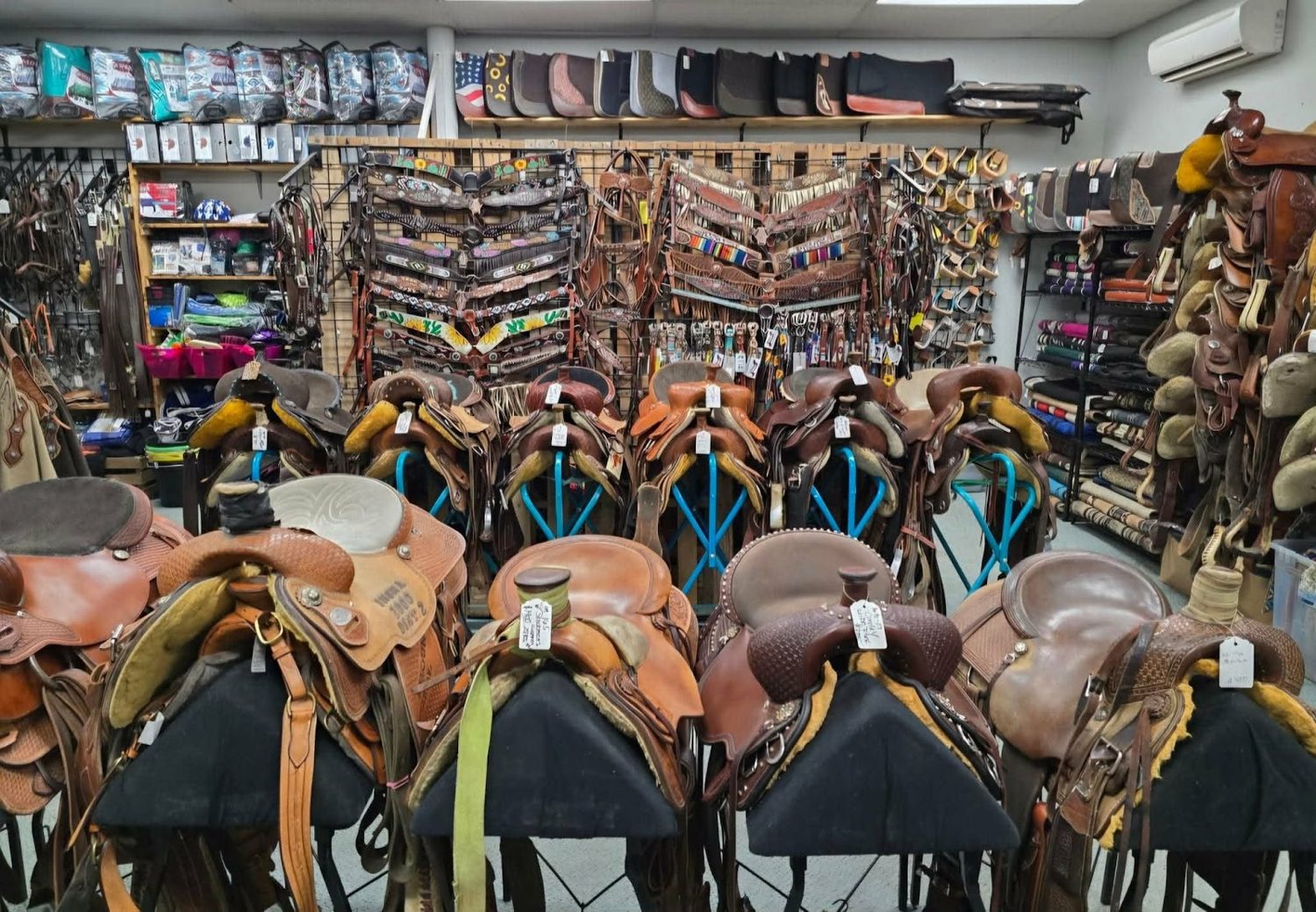 Wall of bridles, halters and tack inside R Ranch Enterprises in Caldwell, Idaho